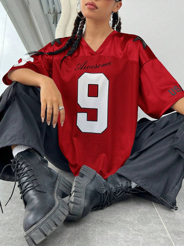 EZwear Oversized Boyfriend Style Print Letter & Star Satin Basketball Jersey Tee