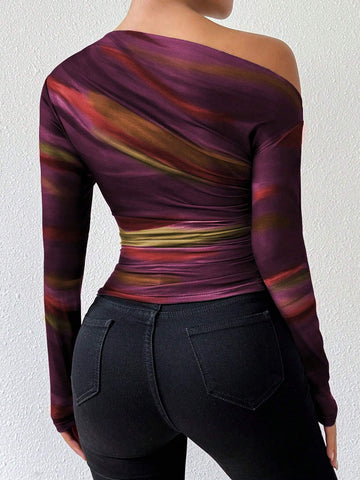 Priv� Marble Ombre Print Asymmetric Ruched Long Sleeve Top