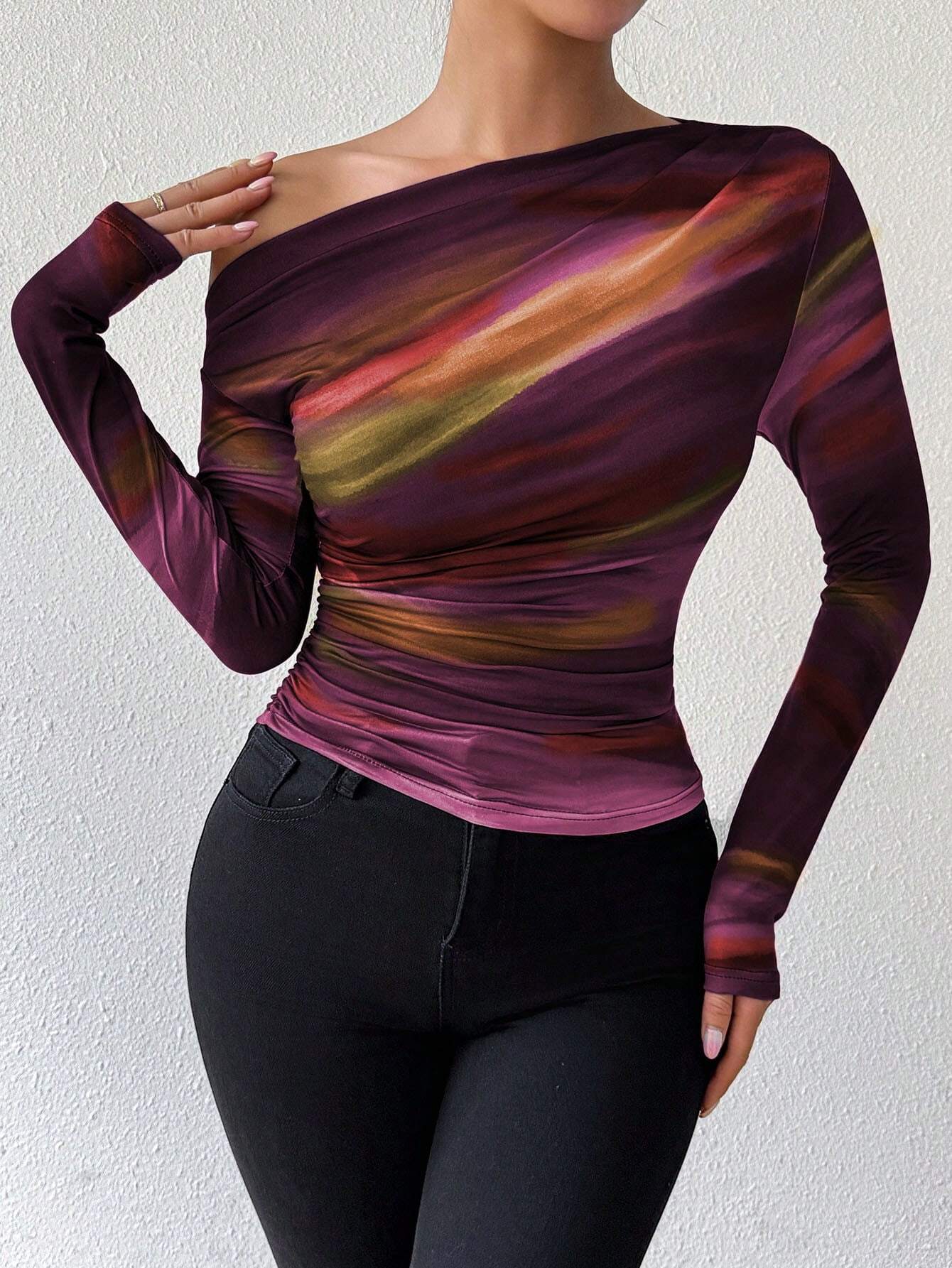 Priv� Marble Ombre Print Asymmetric Ruched Long Sleeve Top