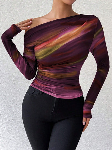Priv� Marble Ombre Print Asymmetric Ruched Long Sleeve Top