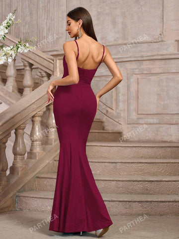 PARTHEA Solid Ruched Bodycon Formal Gown