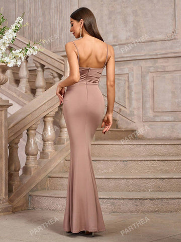 PARTHEA Solid Ruched Bodycon Formal Gown