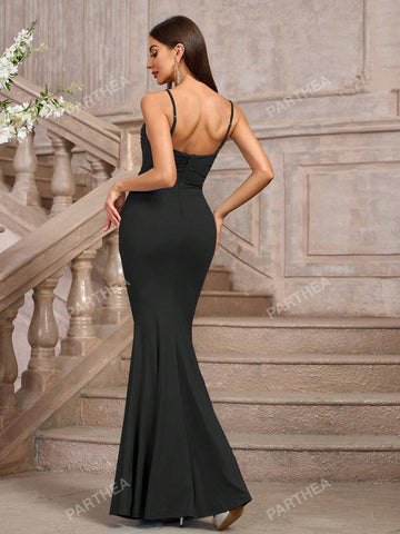 PARTHEA Solid Ruched Bodycon Formal Gown