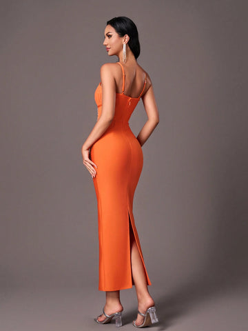 Belle Elegant, Luxurious & Sexy Spaghetti Strap, Bustier, Slimming Bandage, Waist Sash, Mesh With Rhinestones Bodycon Evening Gown