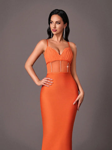 Belle Elegant, Luxurious & Sexy Spaghetti Strap, Bustier, Slimming Bandage, Waist Sash, Mesh With Rhinestones Bodycon Evening Gown