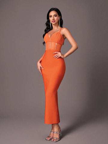 Belle Elegant, Luxurious & Sexy Spaghetti Strap, Bustier, Slimming Bandage, Waist Sash, Mesh With Rhinestones Bodycon Evening Gown