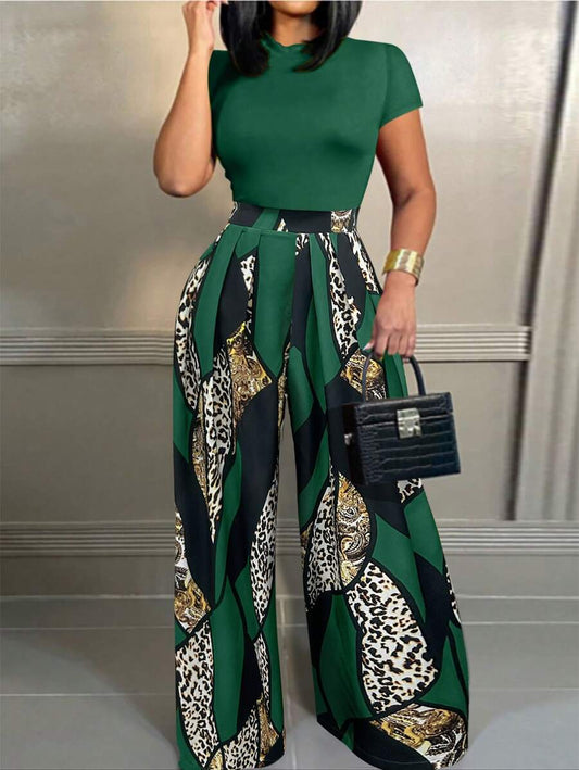2pcs Women's T-Shirt And Colorblock Wide Leg Pants
