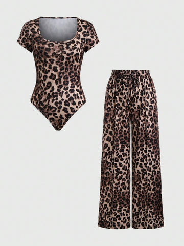 EZwear Plain Color Asymmetric Hem Top And Pants Two Piece Set