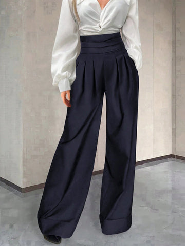 Relaxiva Solid High Waist Plicated Detail Wide Leg Pants