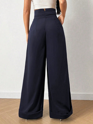 Relaxiva Solid High Waist Plicated Detail Wide Leg Pants