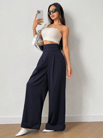 Relaxiva Solid High Waist Plicated Detail Wide Leg Pants