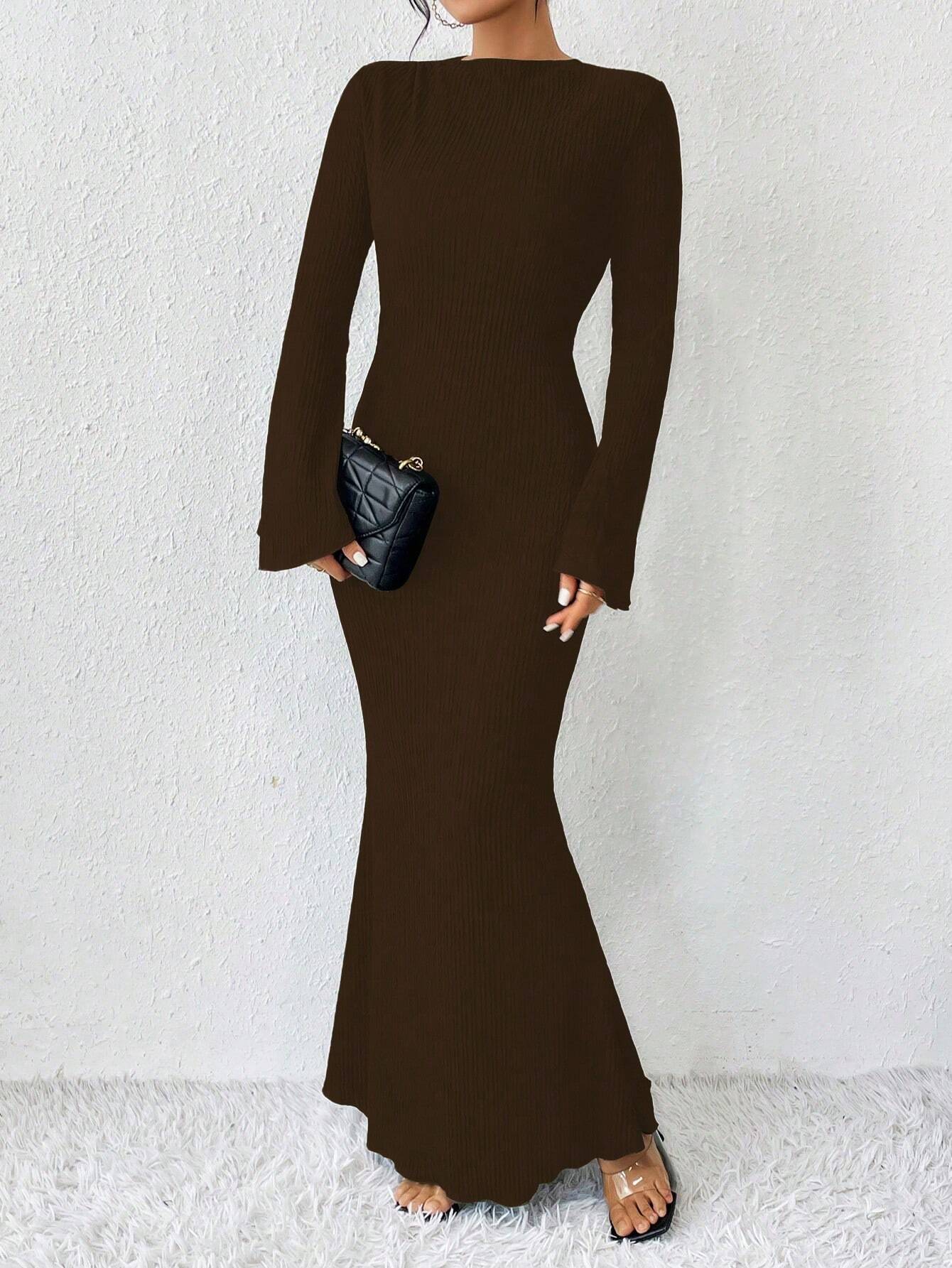 Raffinéa Solid Color Trumpet Sleeve Mermaid Dress