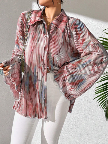 Commute Random Floral Print Flare Sleeve Shirt