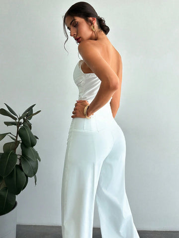 Women's Elegant Design Asymmetrical Fitted Tube Top & High Waist Faux Boned Straight Leg Pants