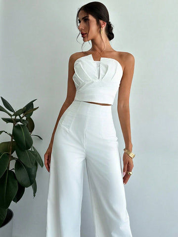 Women's Elegant Design Asymmetrical Fitted Tube Top & High Waist Faux Boned Straight Leg Pants