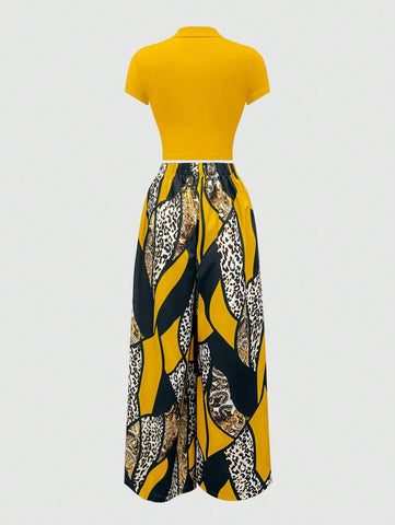 2pcs Women's T-Shirt And Colorblock Wide Leg Pants