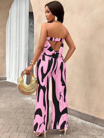 Slayr Geo Print Draped Back Tube Top & Wide Leg Pants Set