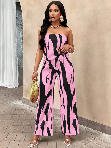 Slayr Geo Print Draped Back Tube Top & Wide Leg Pants Set