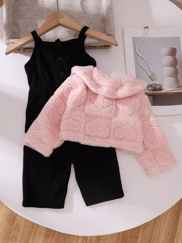 Baby Girl Thicken Fleece Plaid Jacquard Jumpsuit Outfit