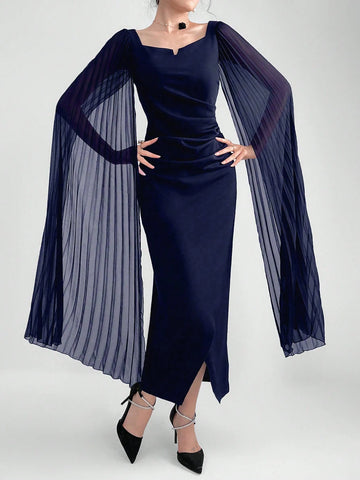 Modely Elegant Dress With A Notched Collar, Pleats, Cinched Waistline, Cape Sleeves