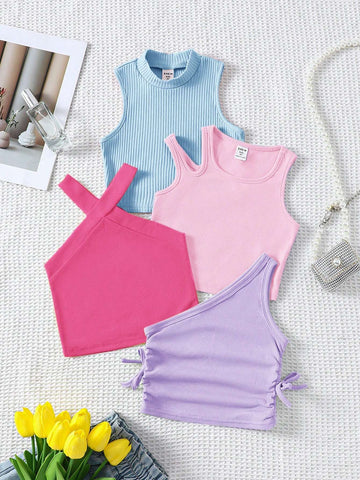 Young Girl Knitted Solid Cropped Casual Tank Top 4pcs Set