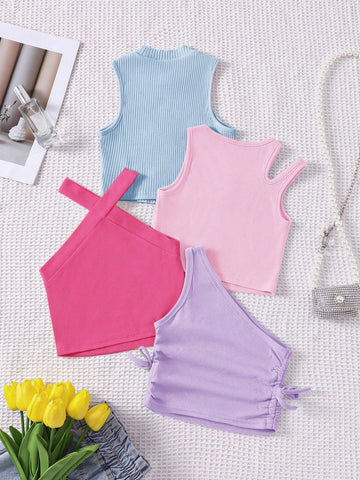 Young Girl Knitted Solid Cropped Casual Tank Top 4pcs Set