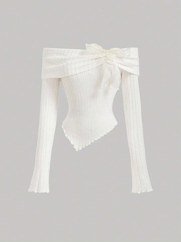 MOD Women's Off-Shoulder Bowknot Long Sleeve T-Shirt Top