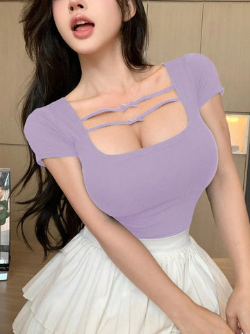 DAZY Tie-Bow Decor Square Neck Slim Fit Women's Short Sleeve T-Shirt