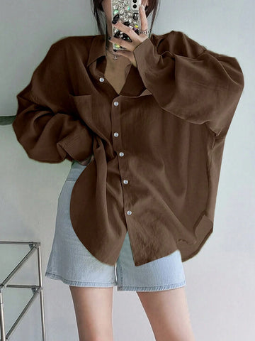 Women's Solid Color Single Breasted Asymmetrical Hem Super Loose Shirt