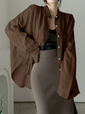 Women's Solid Color Single Breasted Asymmetrical Hem Super Loose Shirt