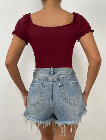 Rafferiza Sweetheart Neck Ruched Frill Trim Puff Sleeve Crop Tee