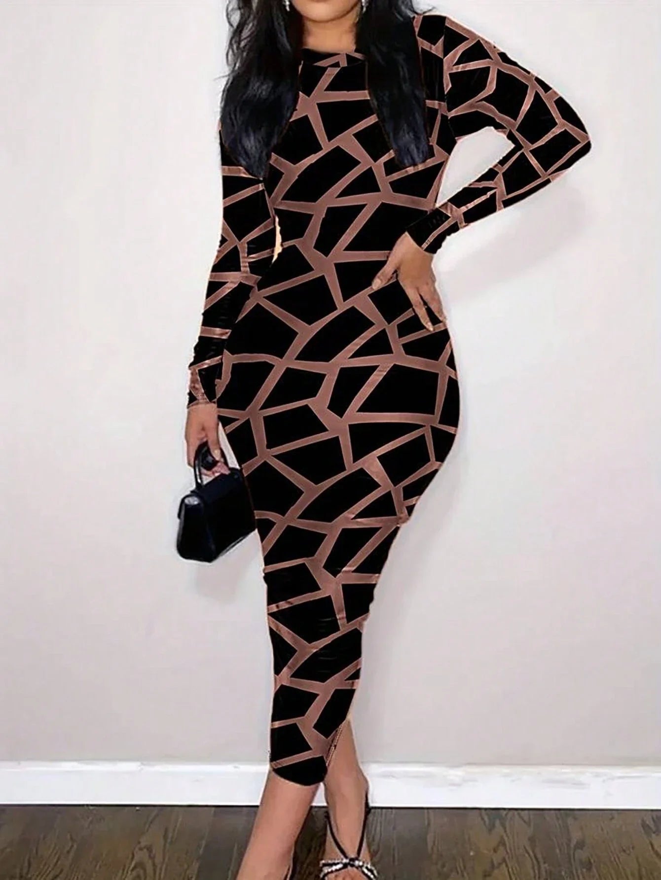 INAWLY SHEIN Slayr Women's Geometric Pattern Long Sleeve Dress