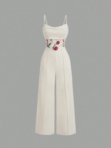 Women's Spaghetti Strap Ruched Waist Floral Jacquard Apricot Jumpsuit
