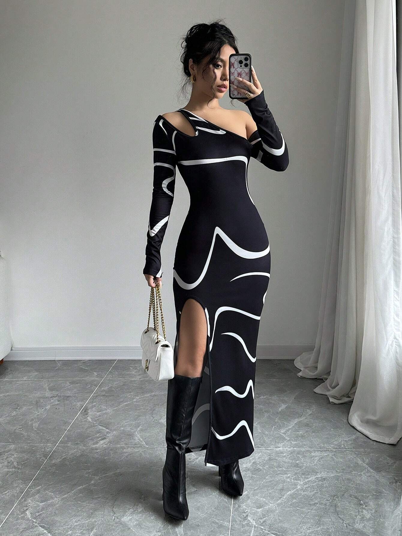 Elenzga Women's Off Shoulder Fitted Elegant Abstract Graffiti Print Asymmetric Long Sleeve Split Hem Dress