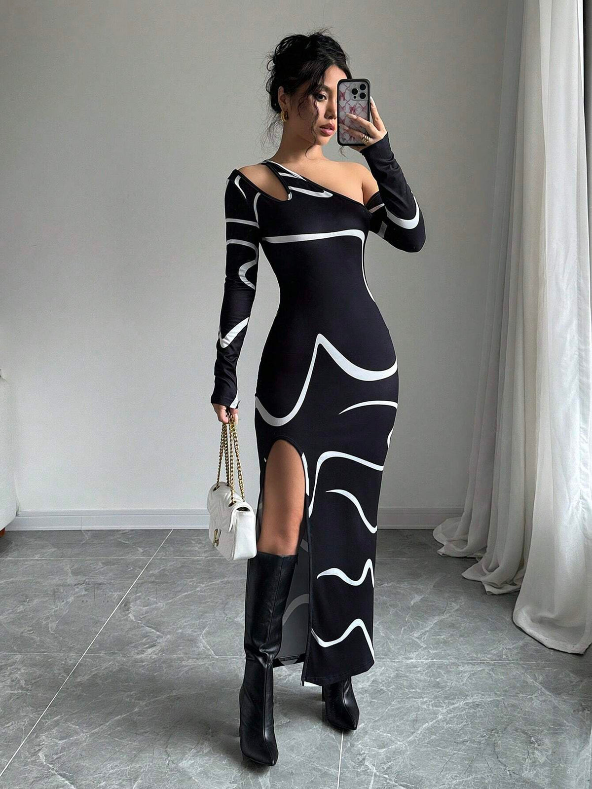 Elenzga Women's Off Shoulder Fitted Elegant Abstract Graffiti Print Asymmetric Long Sleeve Split Hem Dress