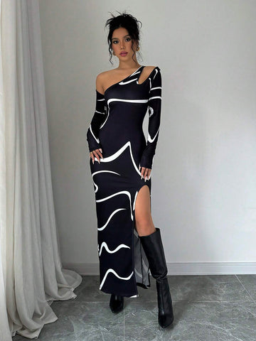 Elenzga Women's Off Shoulder Fitted Elegant Abstract Graffiti Print Asymmetric Long Sleeve Split Hem Dress