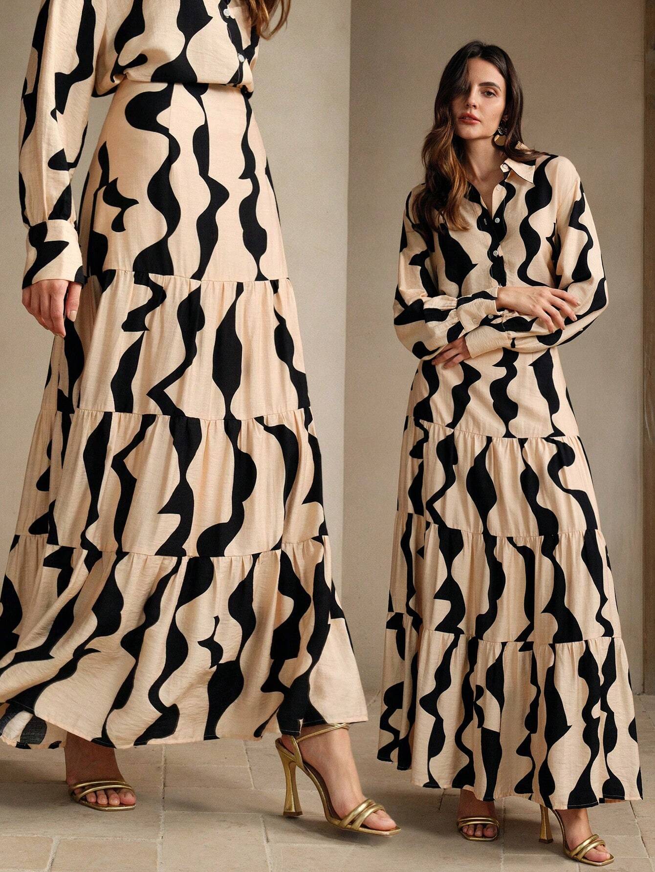 Anewsta Fashionable Geometric Print Coffee Brown Skirt With Personality Splicing And High Waist Design