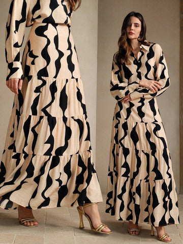 Anewsta Fashionable Geometric Print Coffee Brown Skirt With Personality Splicing And High Waist Design