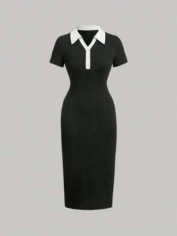 MOD Preppy Style Black And White Contrast Collar Button Front Dress