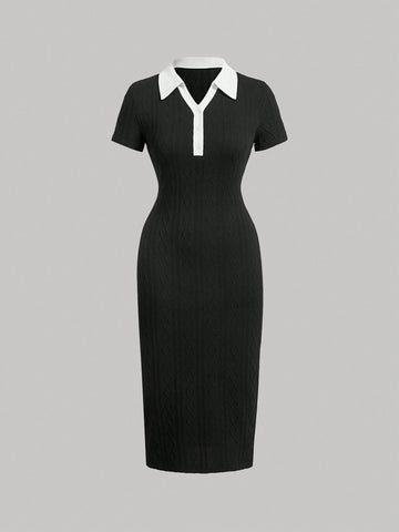 MOD Preppy Style Black And White Contrast Collar Button Front Dress