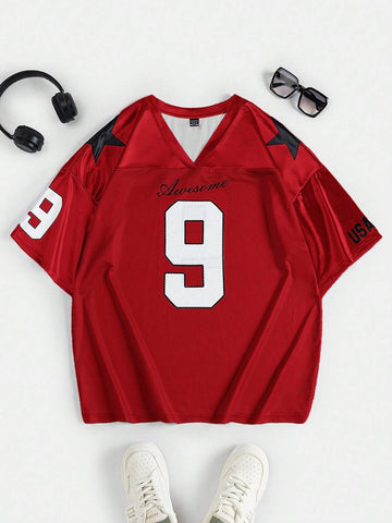 EZwear Oversized Boyfriend Style Print Letter & Star Satin Basketball Jersey Tee