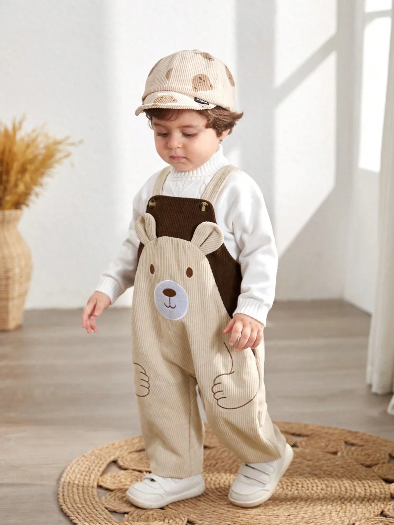 Newborn Baby Boy Cartoon Bear Embroidered Contrast Color Bib & Pants Romper