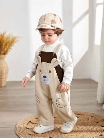 Newborn Baby Boy Cartoon Bear Embroidered Contrast Color Bib & Pants Romper