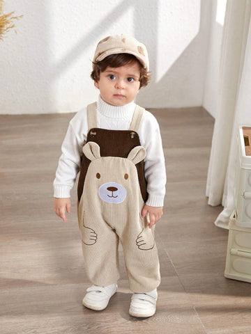 Newborn Baby Boy Cartoon Bear Embroidered Contrast Color Bib & Pants Romper