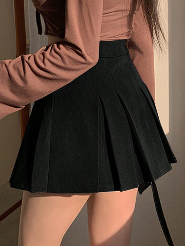 DAZY Women Leisure College Style Solid Color Pleated Skort