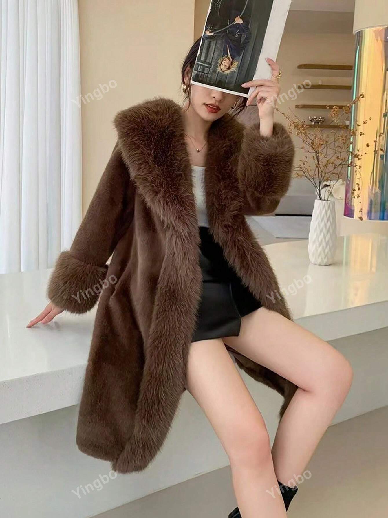 Women Solid Fuzzy Long Sleeve Coat