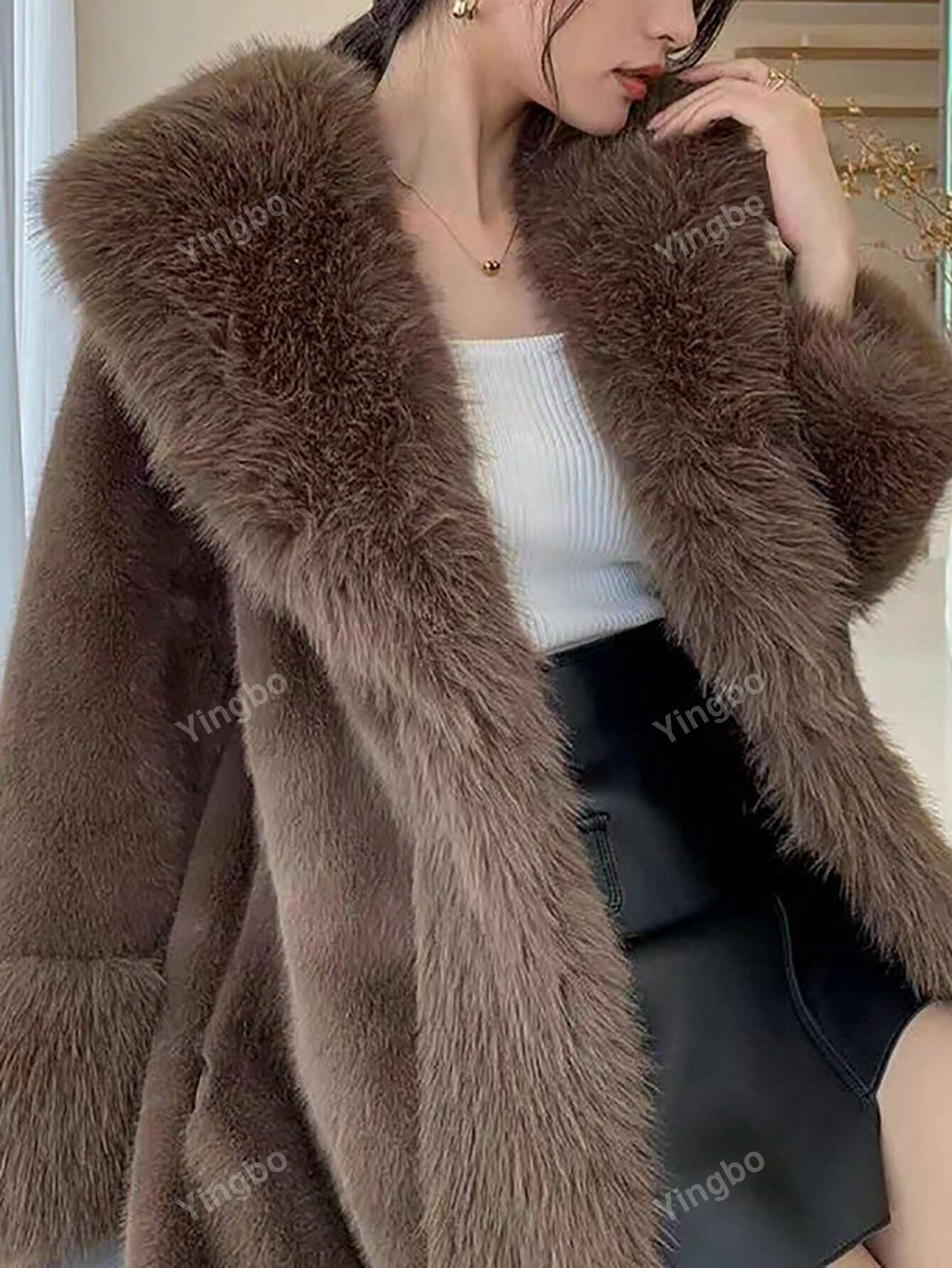 Women Solid Fuzzy Long Sleeve Coat