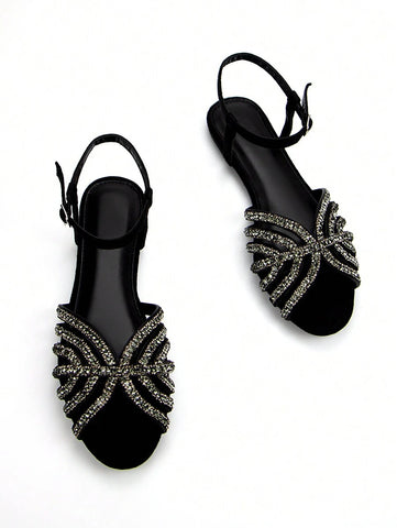 Women Glitter Rhinestone Hollow-Out Decor Suede Fashionable Peep Toe Ankle Strap Flats