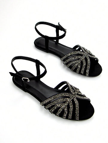 Women Glitter Rhinestone Hollow-Out Decor Suede Fashionable Peep Toe Ankle Strap Flats