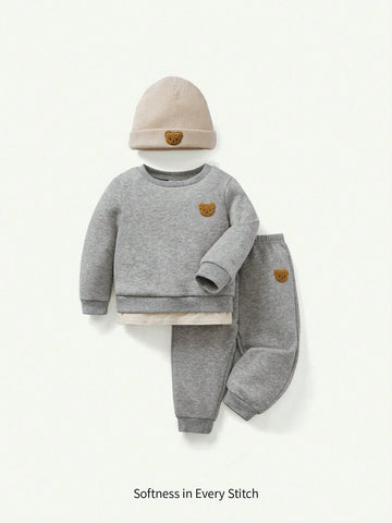 Cozy Pixies Baby Boys' Adorable Bear Pattern Sweatshirt, Pants And Hat Set